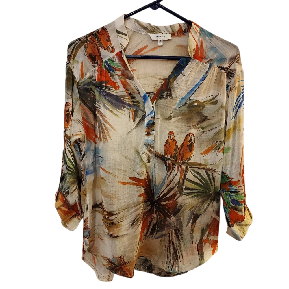 Milly Parrot Print Silk Blend Roll Tab Sleeves Blouse with Earthy Tones Sz 2